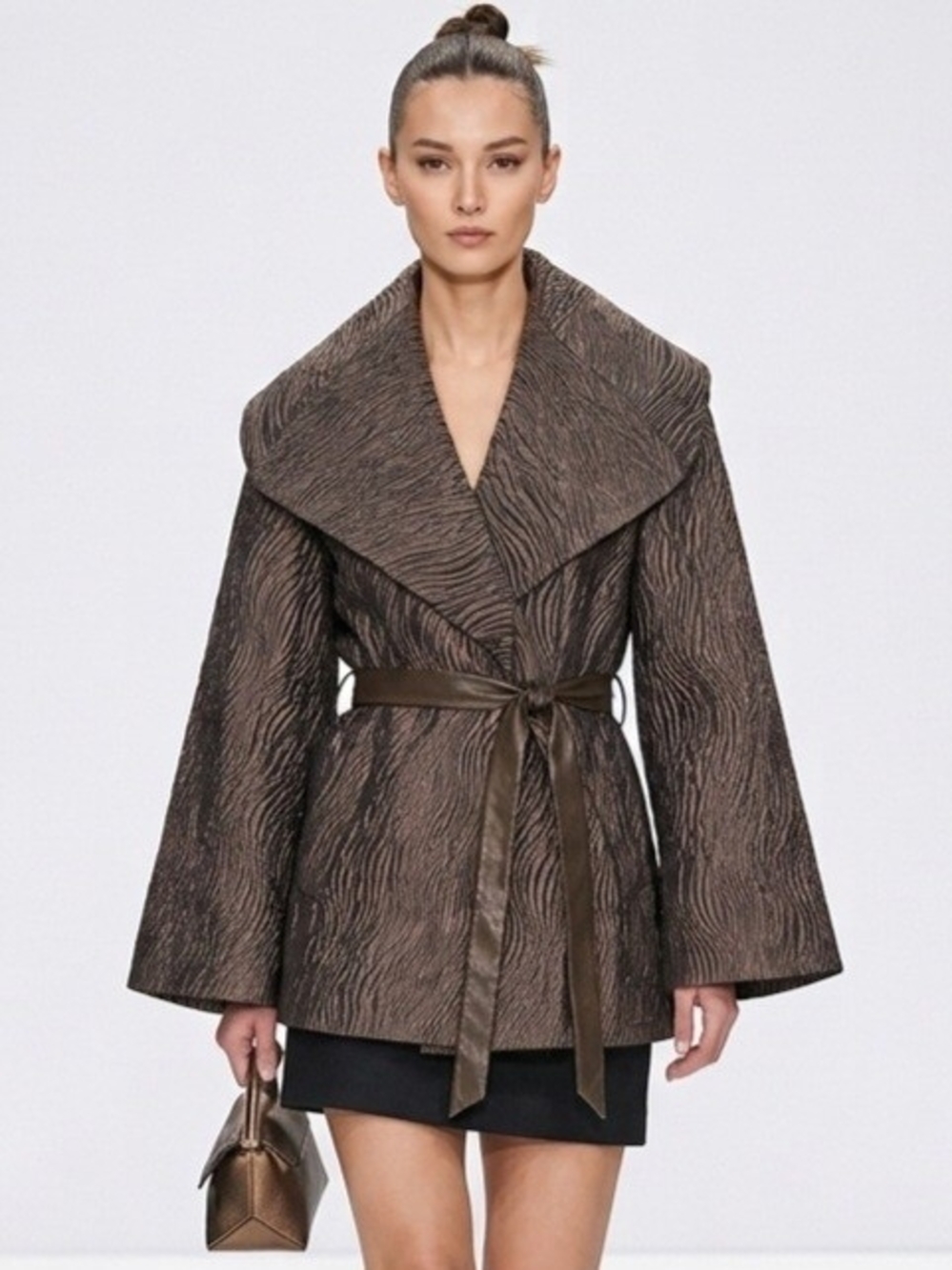 Textured Belted Trench Coat in Brown